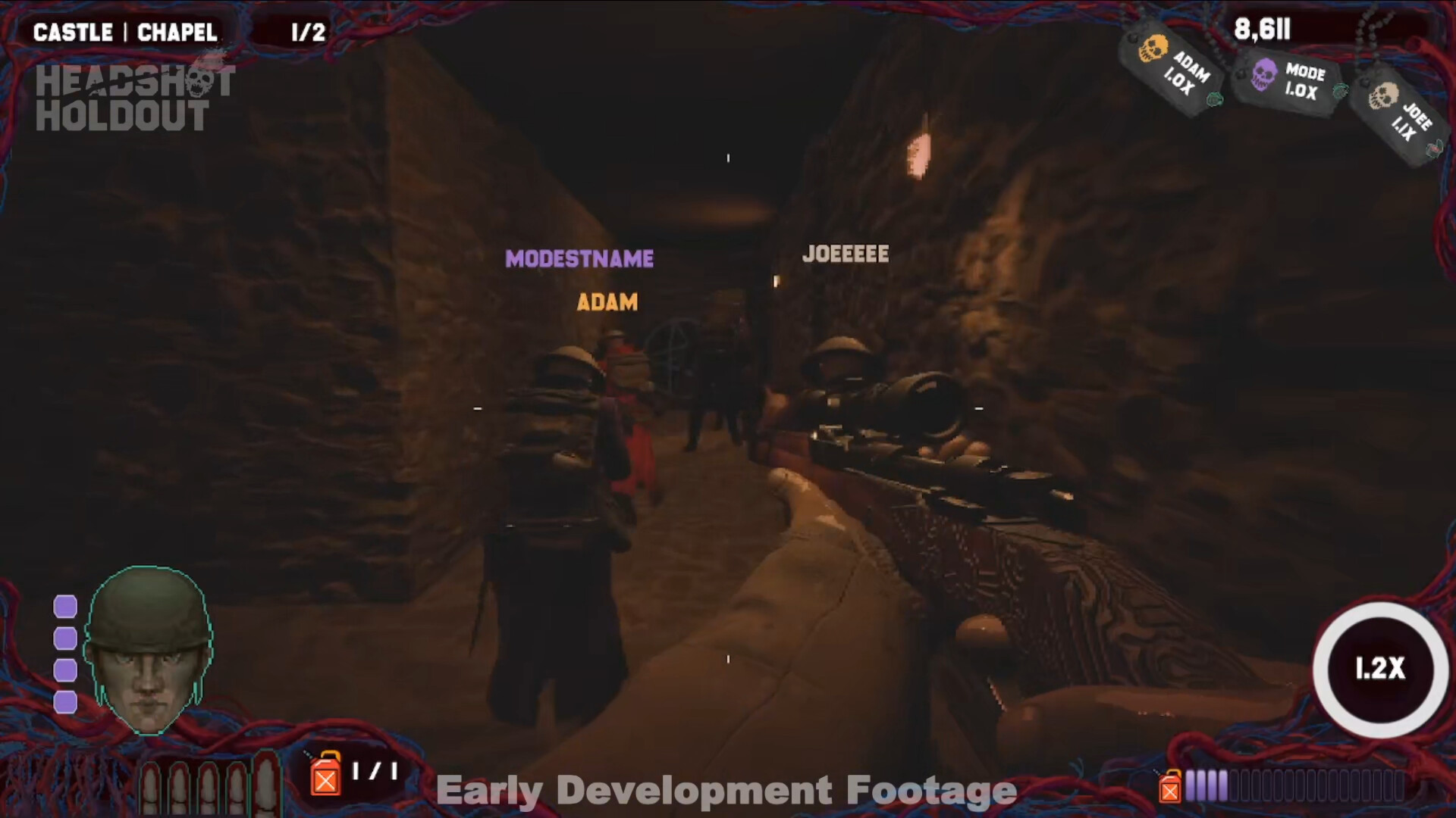 Squad advancing through a torchlit castle corridor