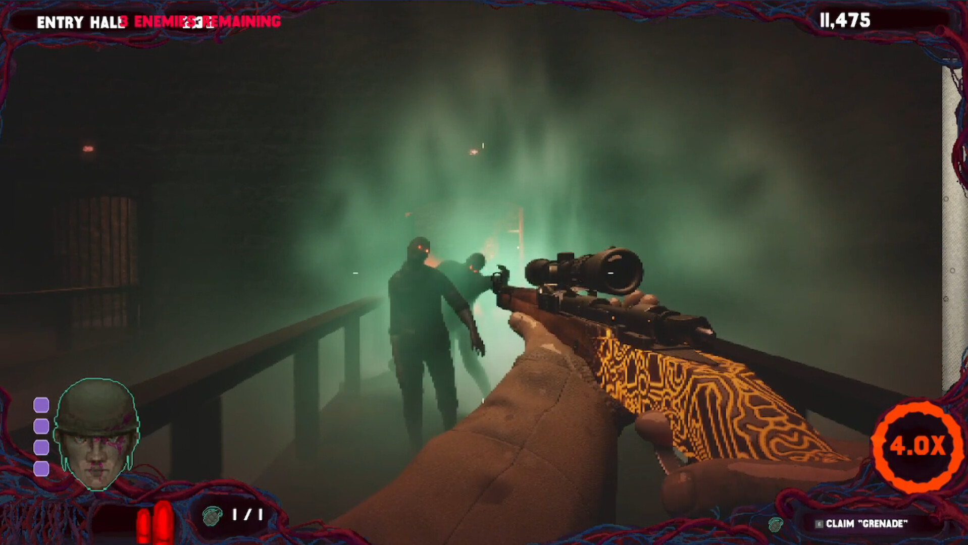 Zombies emerging from green fog on a bridge