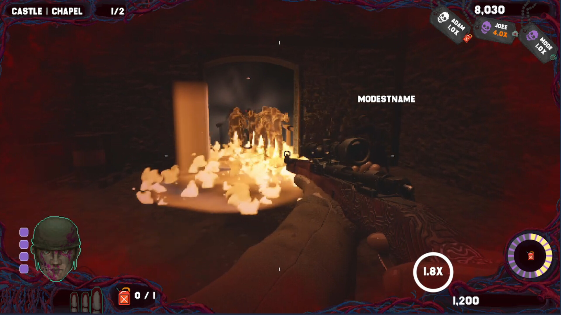Three-player squad burning a horde in the chapel doorway, teammate tags overhead