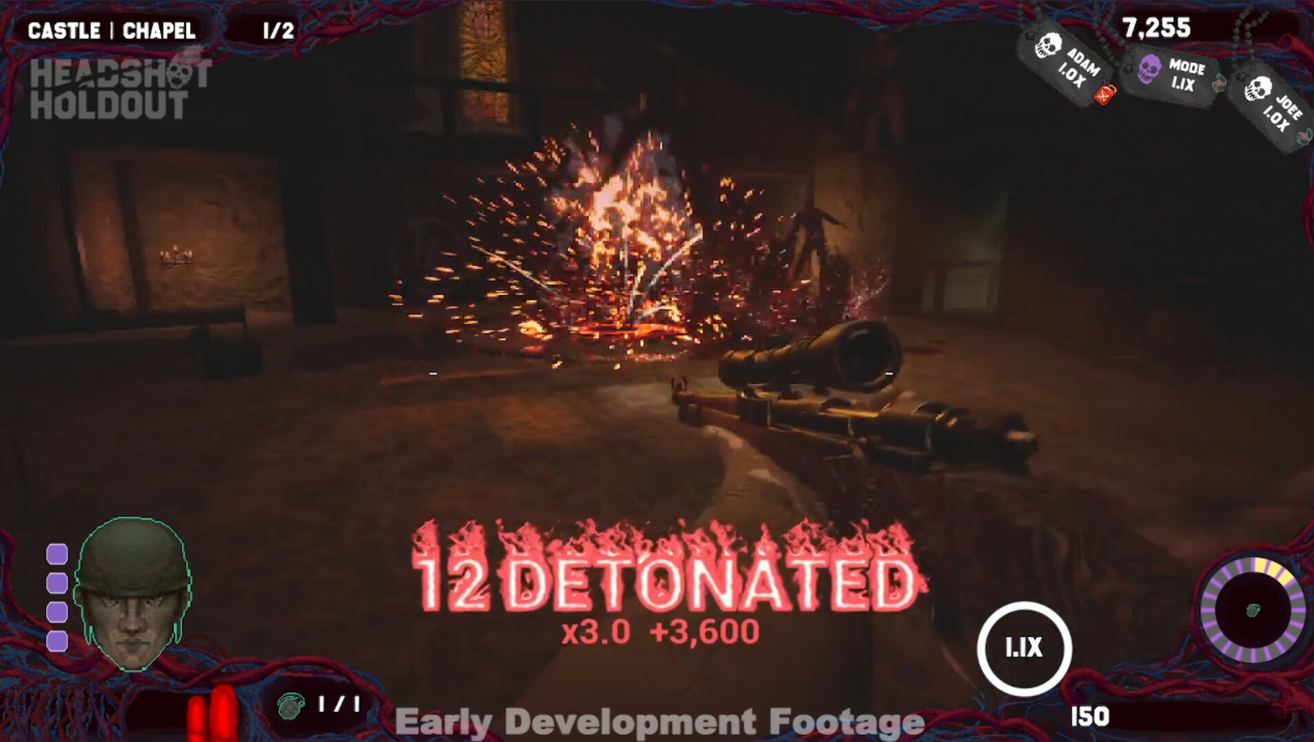 Twelve zombies detonated at once in the chapel, x3.0 GORE bonus